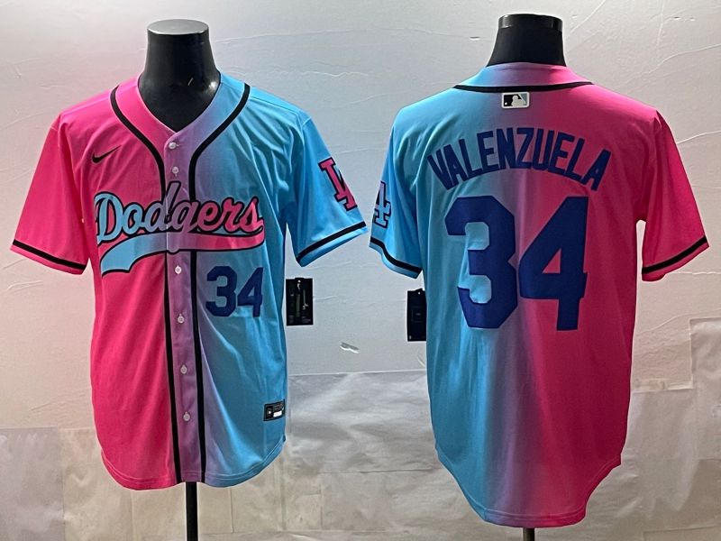 Men 2025 Los Angeles Dodgers #34 Valenzuela Blue pink Game Nike MLB Jersey style 02